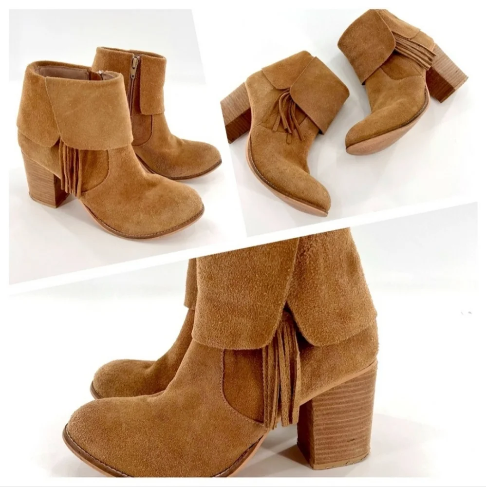 COCONUT BY MATISSE KIM TAN SUEDE FRINGE BOOTIES SIZE 7.5